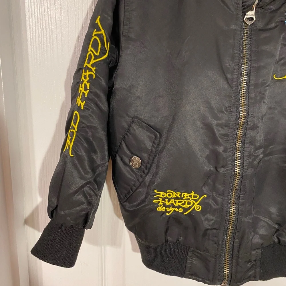 Y2K Ed Hardy Kids Skull Embroidered Satin Bomber Jacket Black Boys 6/7